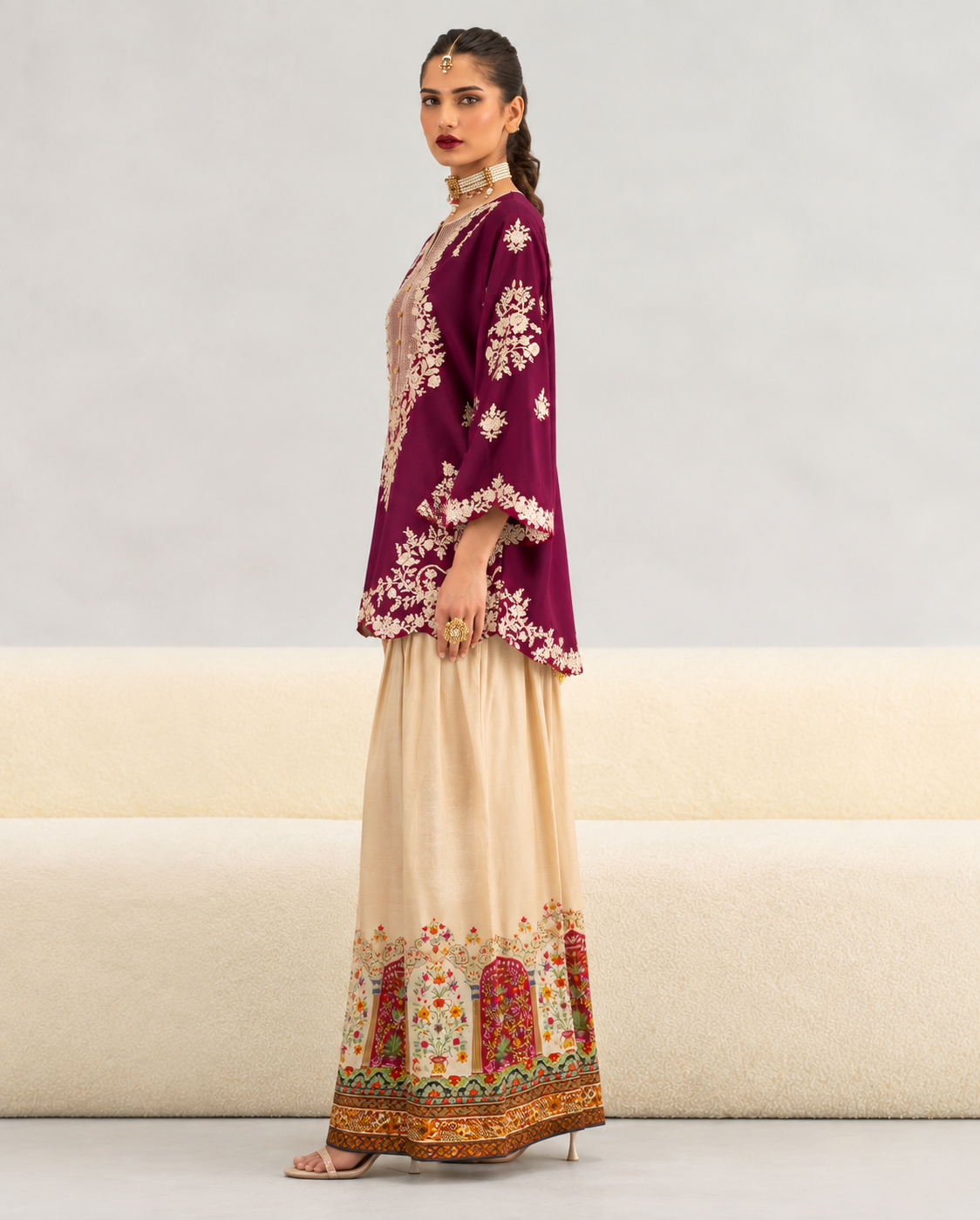 Deep Plum Embroidered 2PC Shahmoz Silk Suit (TFS 141)