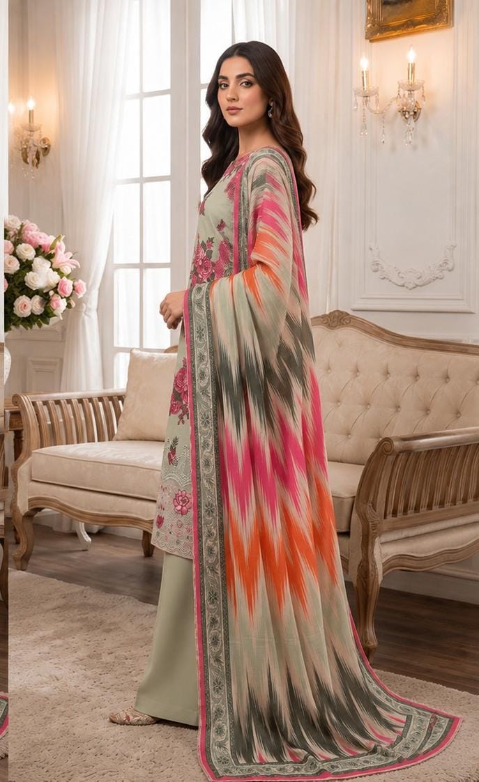 Pistachio Green Printed 3PC Dhanak Suit with Ikat Dupatta (HE D#213A)