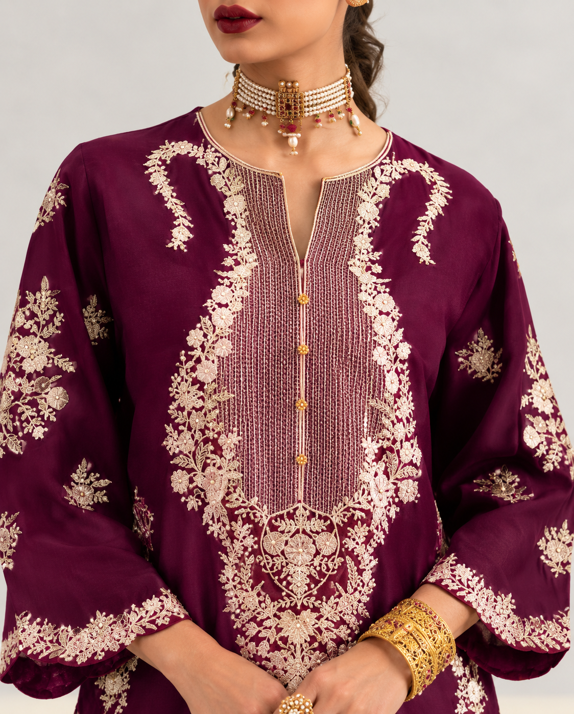 Deep Plum Embroidered 2PC Shahmoz Silk Suit (TFS 141)