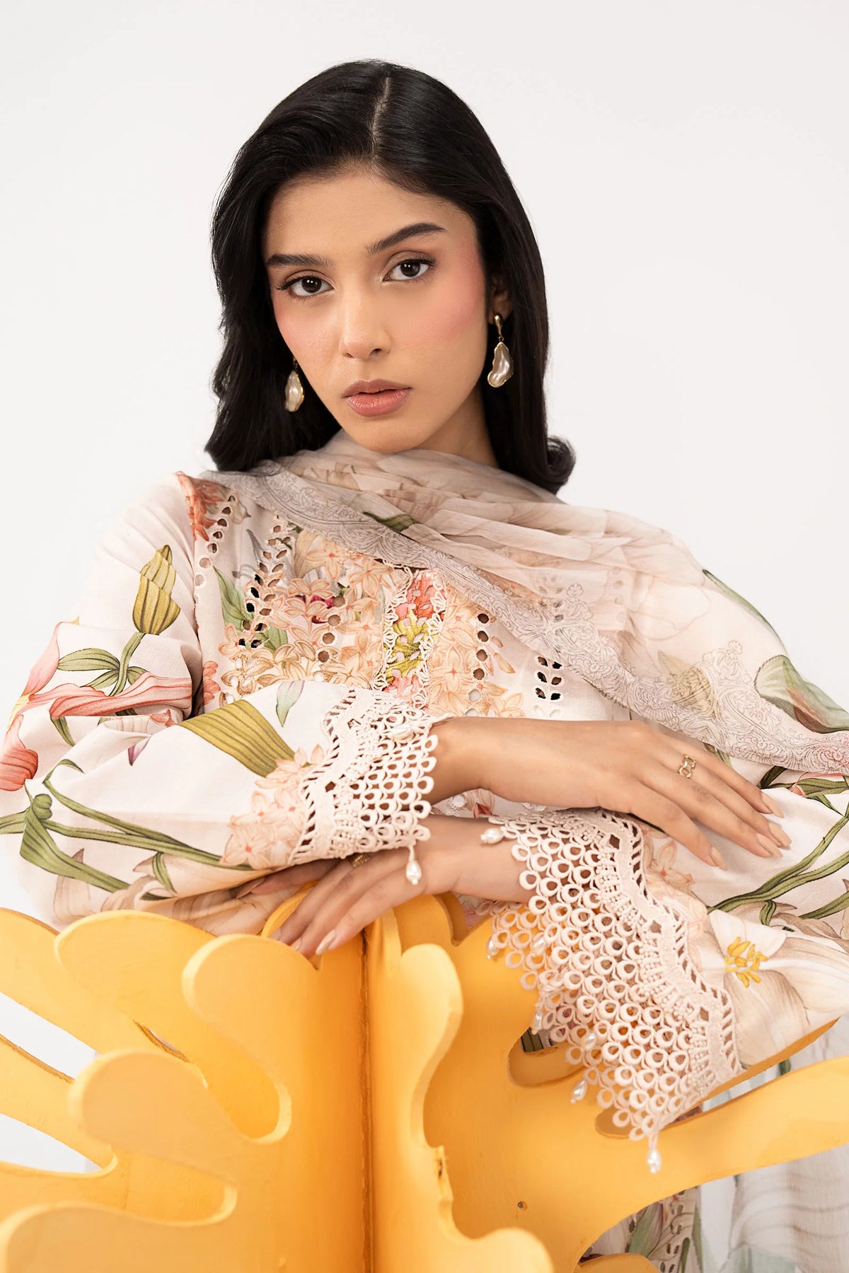 Cream Floral Print 3PC Linen Suit with Schiffli Embroidery & Organza Dupatta (HE D# 127A)