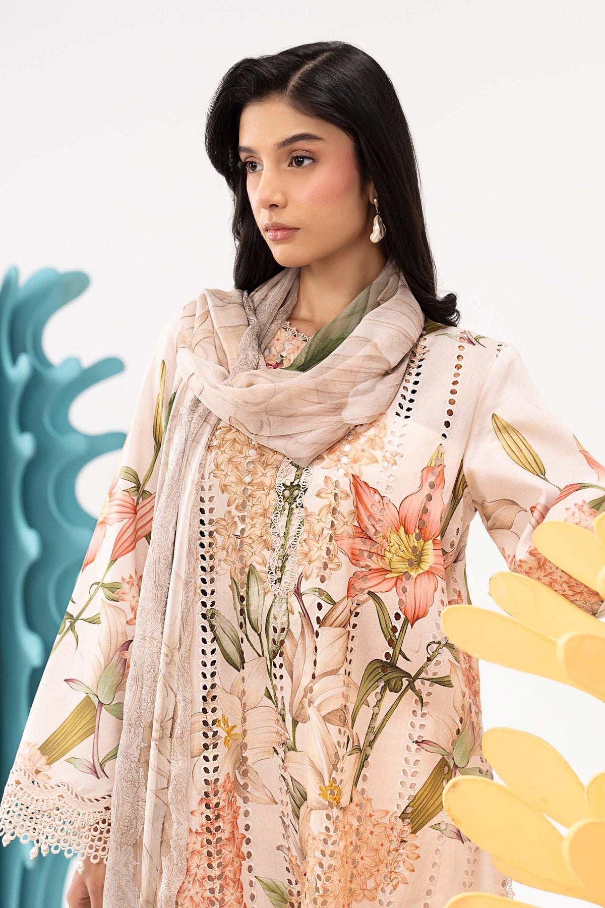 Cream Floral Print 3PC Linen Suit with Schiffli Embroidery & Organza Dupatta (HE D# 127A)