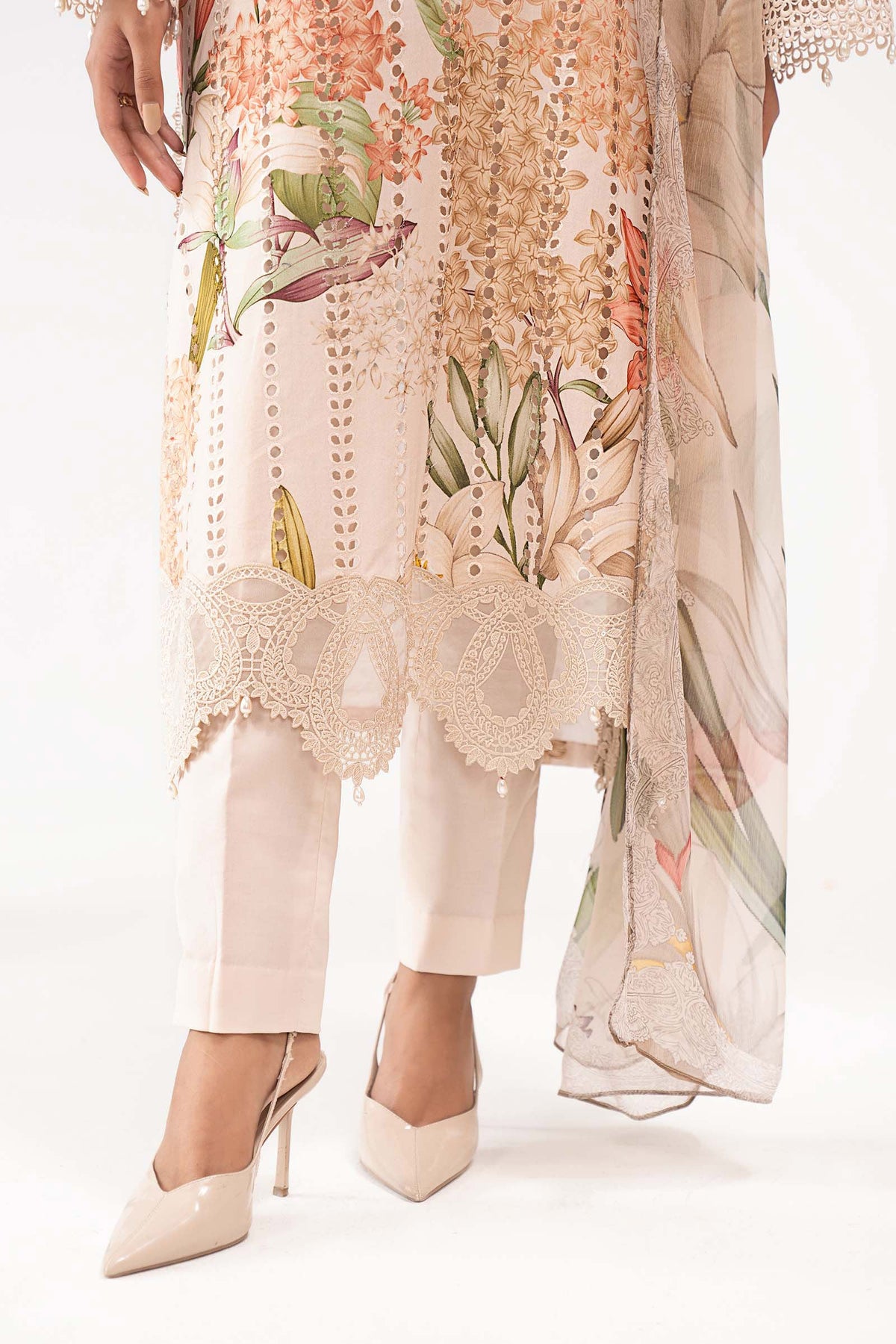 Cream Floral Print 3PC Linen Suit with Schiffli Embroidery & Organza Dupatta (HE D# 127A)