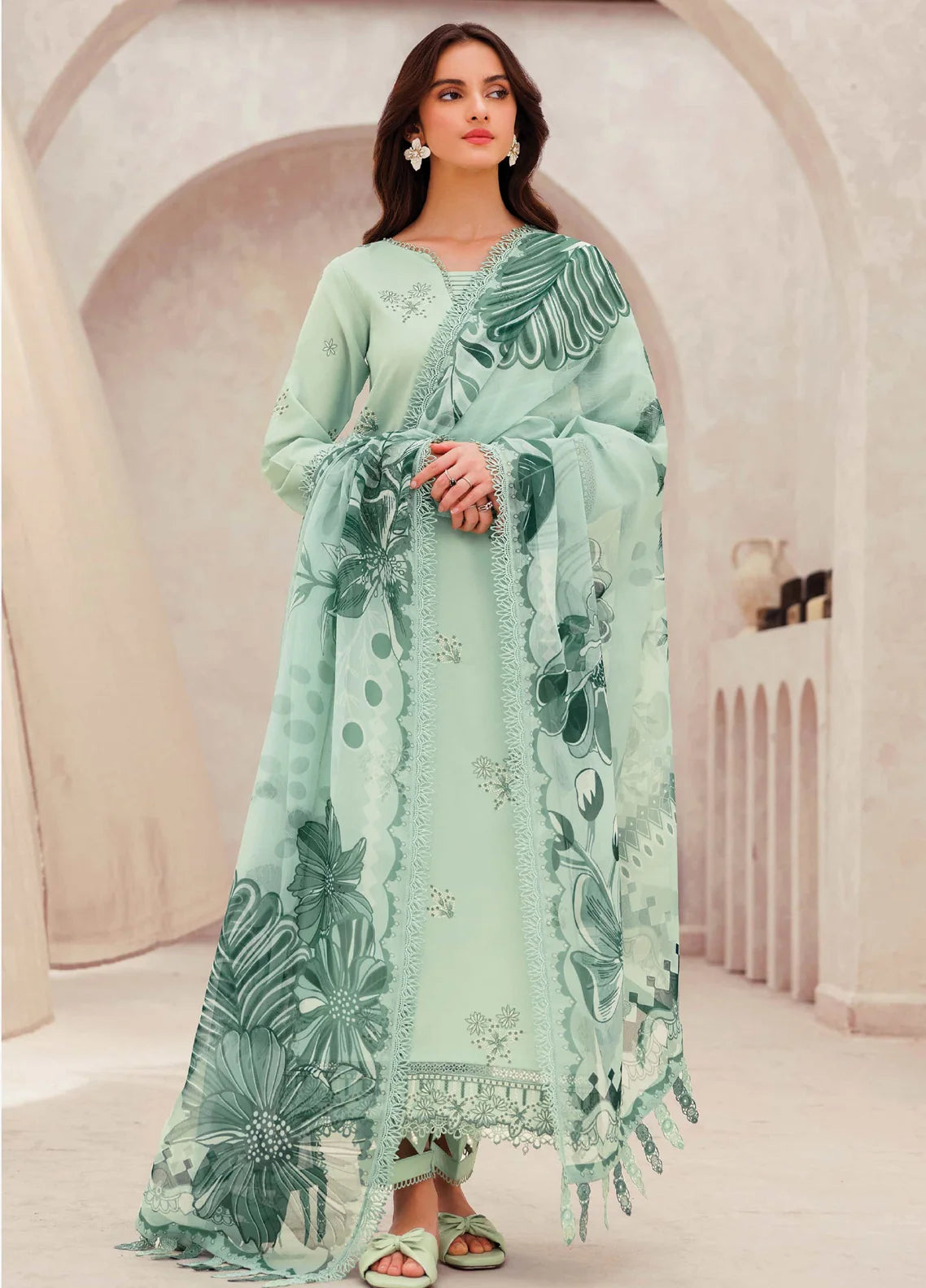 Mint Green Floral 3-Piece Unstitched Suit | BeechTree (HE) 391