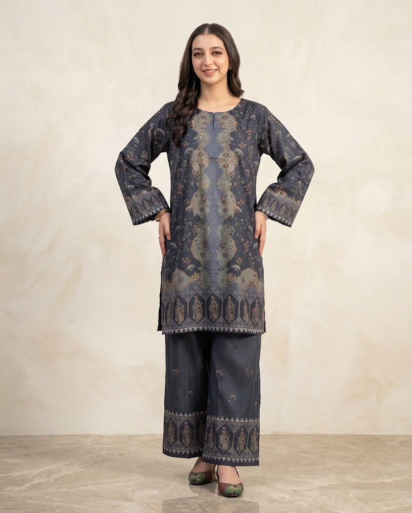 Charcoal Grey Floral Print 2PC Linen Suit with Arched Panel Hem Border (HE)