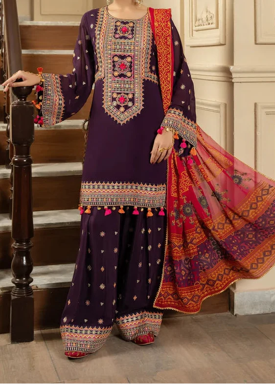 Deep Plum Embroidered 3PC Dhanak Suit with Digital Printed Shawl (HE D# 291B)
