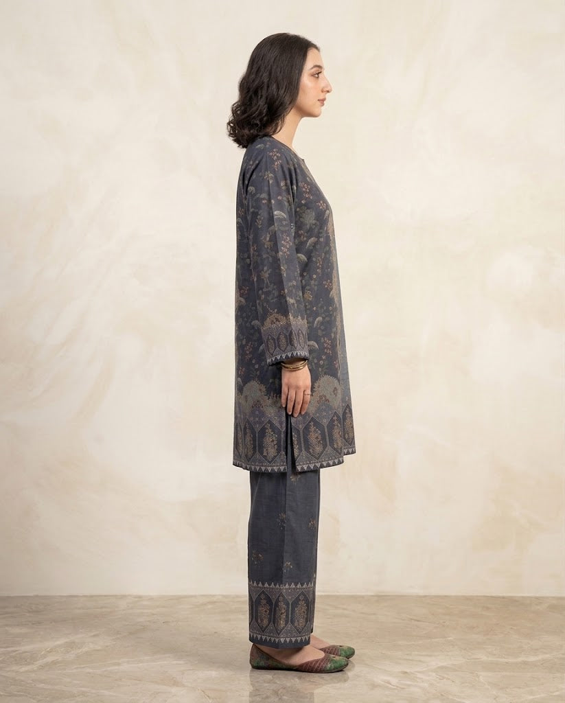 Charcoal Grey Floral Print 2PC Linen Suit with Arched Panel Hem Border (HE)