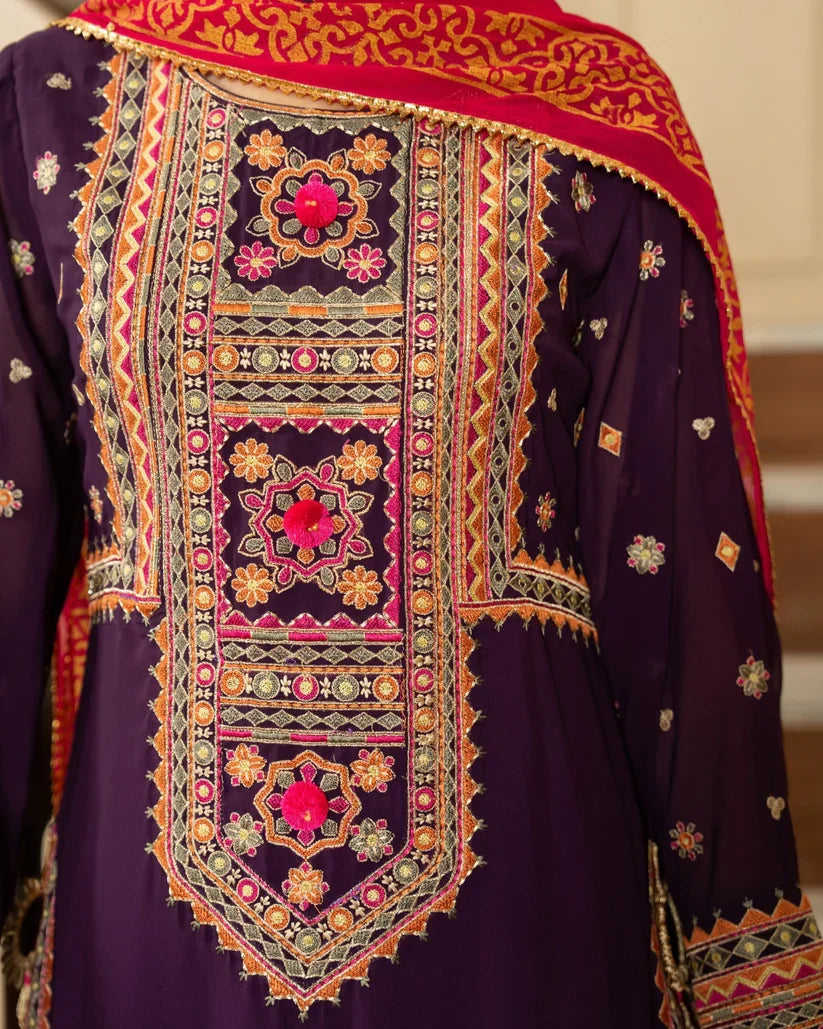 Deep Plum Embroidered 3PC Dhanak Suit with Digital Printed Shawl (HE D# 291B)
