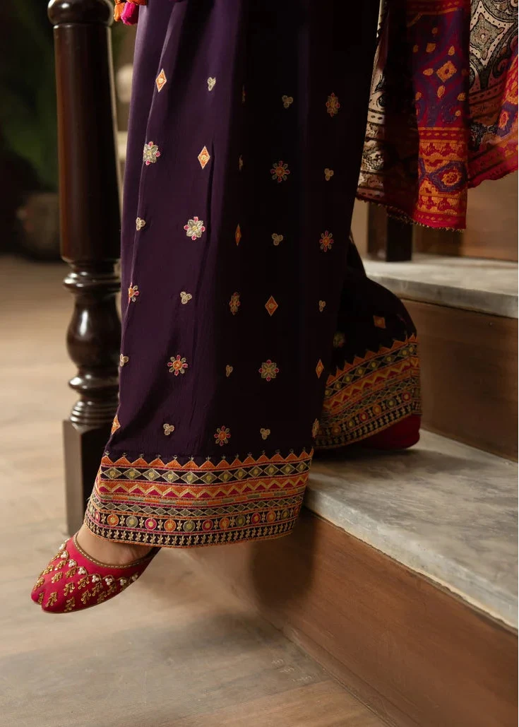 Deep Plum Embroidered 3PC Dhanak Suit with Digital Printed Shawl (HE D# 291B)