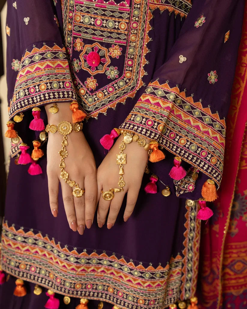 Deep Plum Embroidered 3PC Dhanak Suit with Digital Printed Shawl (HE D# 291B)