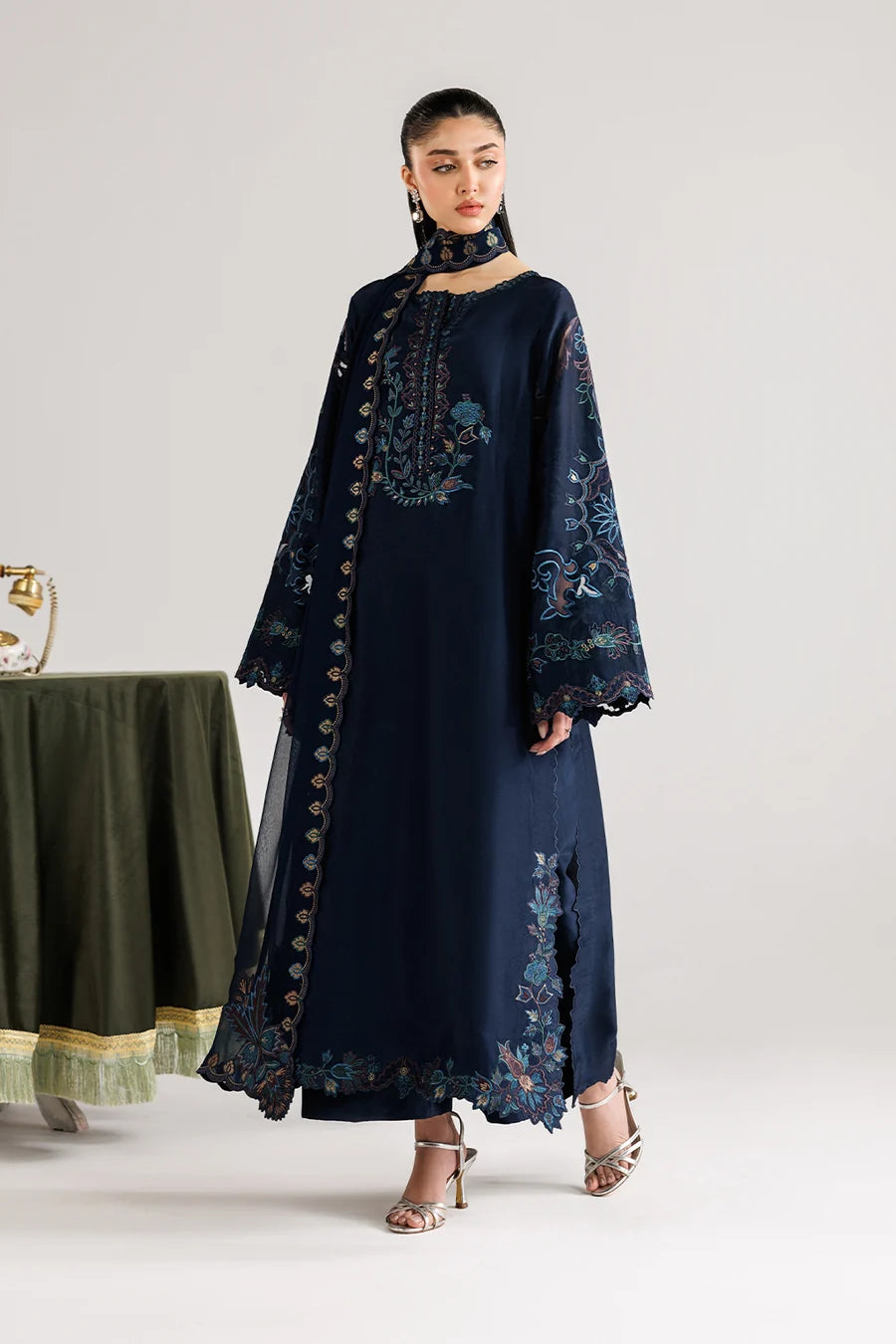Navy Blue Embroidered 3PC Dhanak Suit with Scalloped Floral Embroidery (HE D# 265A)