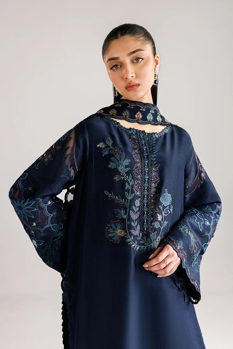 Navy Blue Embroidered 3PC Dhanak Suit with Scalloped Floral Embroidery (HE D# 265A)