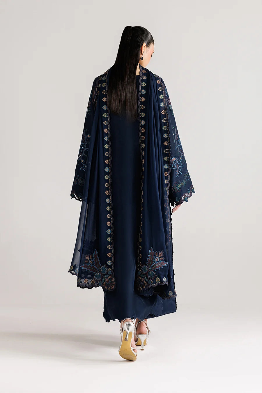 Navy Blue Embroidered 3PC Dhanak Suit with Scalloped Floral Embroidery (HE D# 265A)