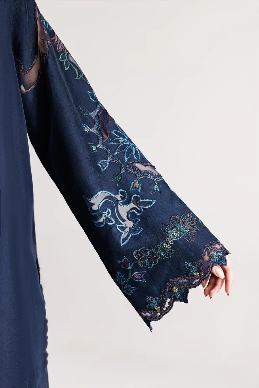 Navy Blue Embroidered 3PC Dhanak Suit with Scalloped Floral Embroidery (HE D# 265A)