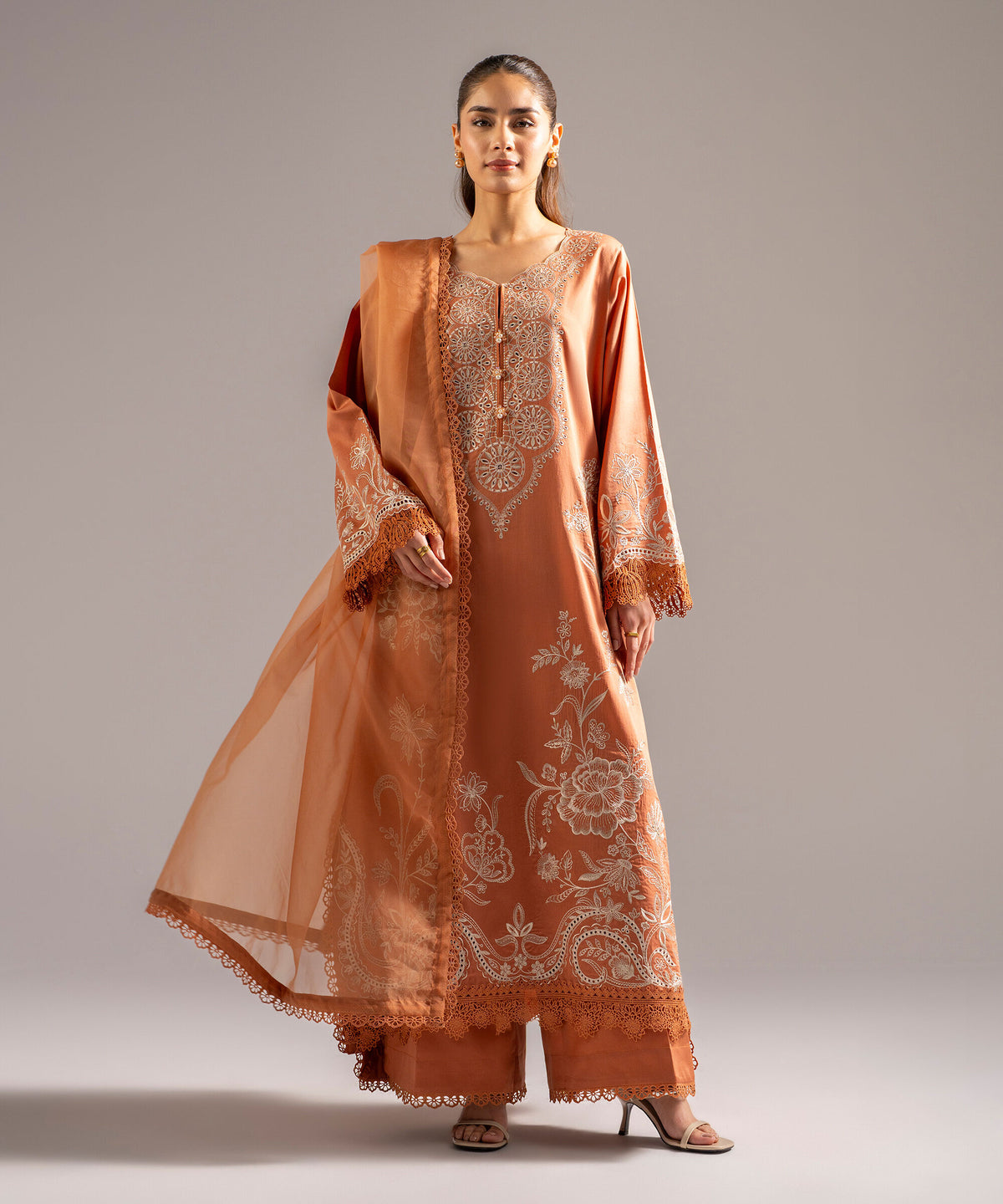 Rust Orange Dhanak Suit – Fully Embroidered Front & Sleeves (HE D#27)