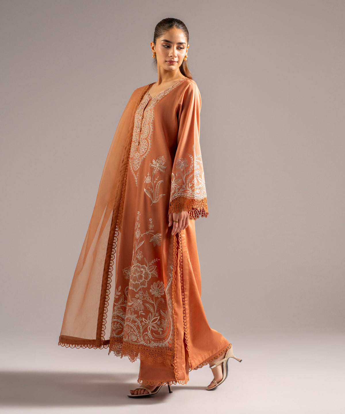 Rust Orange Dhanak Suit – Fully Embroidered Front & Sleeves (HE D#27)