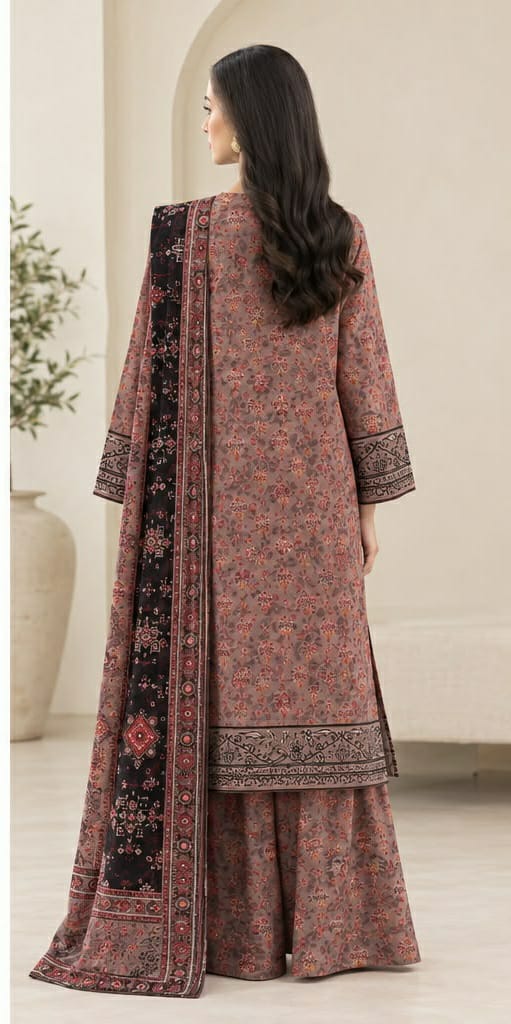 Mauve Floral Print 3PC Linen Suit with Paisley Embroidered Neckline (HE D #88B)