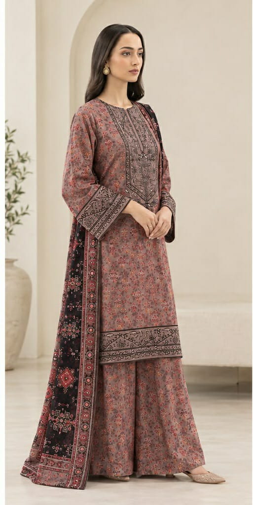 Mauve Floral Print 3PC Linen Suit with Paisley Embroidered Neckline (HE D #88B)