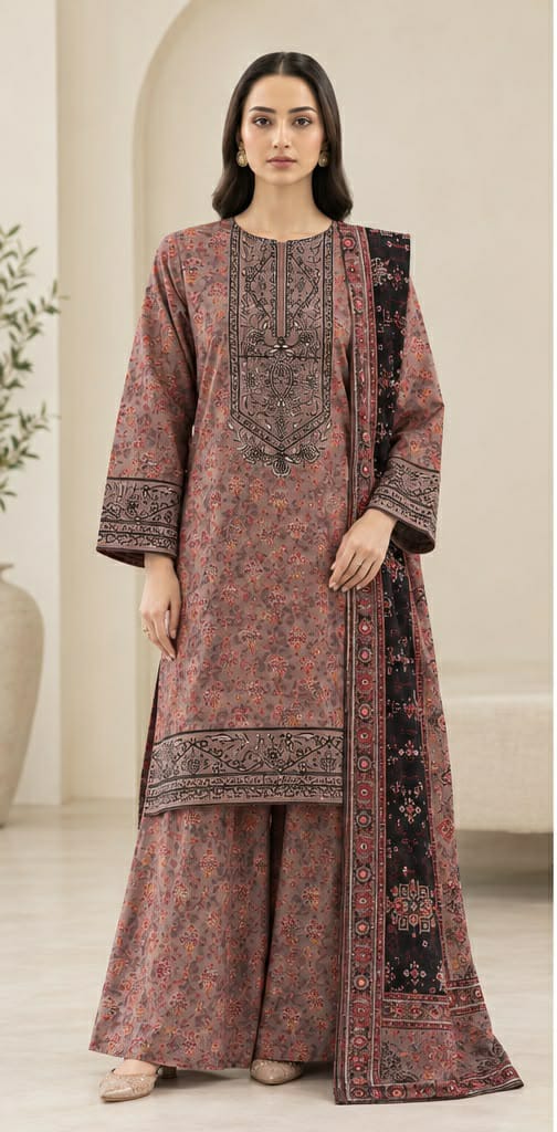 Mauve Floral Print 3PC Linen Suit with Paisley Embroidered Neckline (HE D #88B)