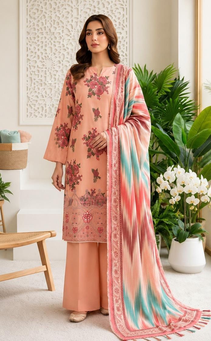 Peach Printed 3PC Dhanak Suit with Ikat Dupatta (HE D#213B)