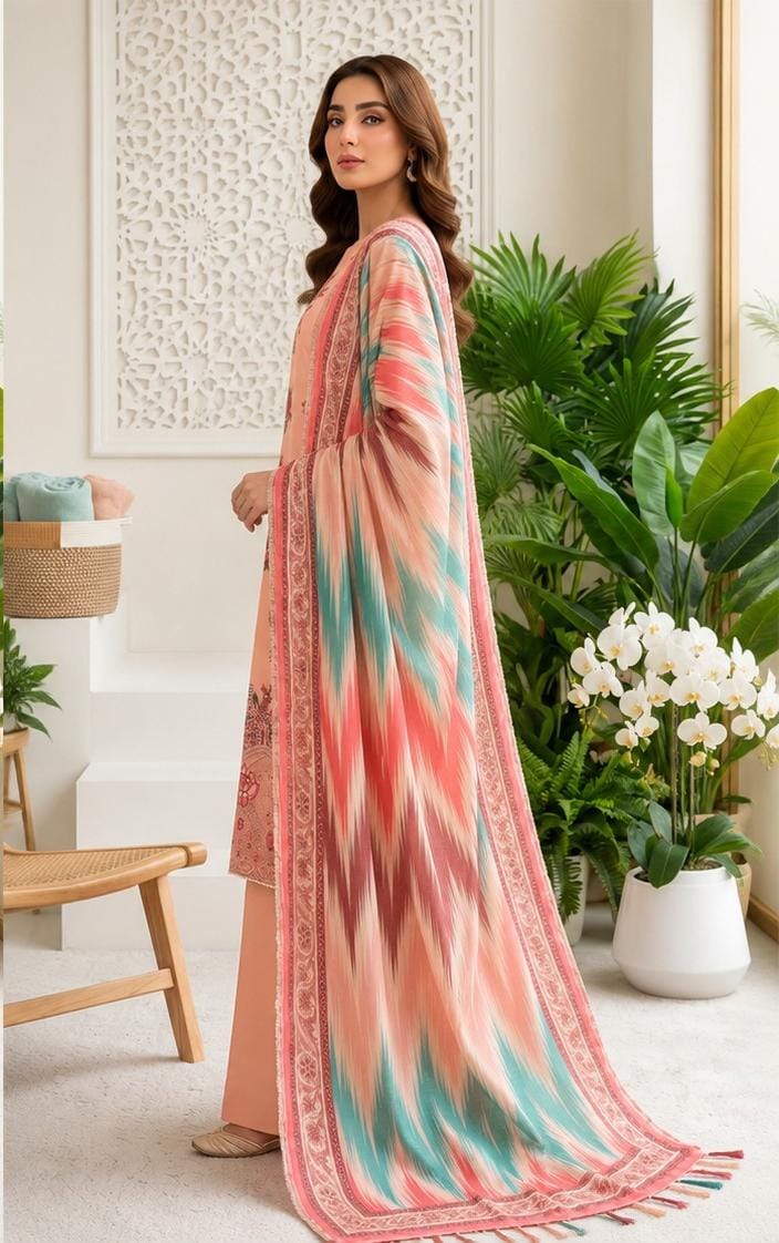 Peach Printed 3PC Dhanak Suit with Ikat Dupatta (HE D#213B)