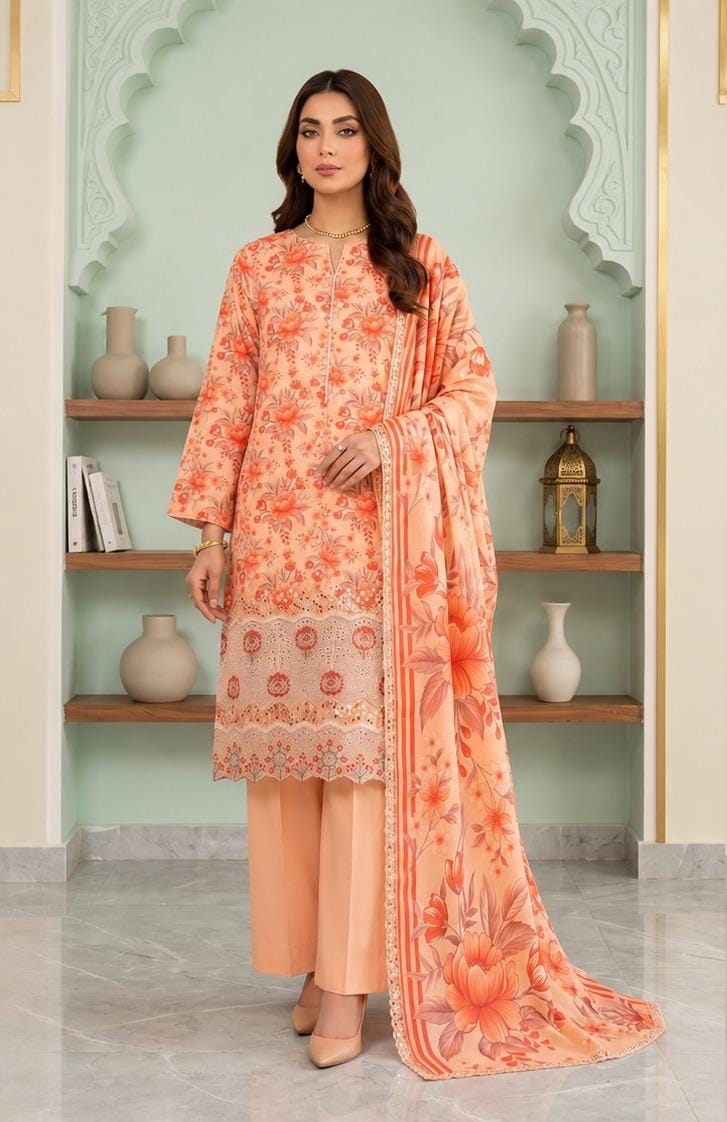 Peach Printed 3PC Dhanak Suit with Matching Dupatta (HE D#226B)