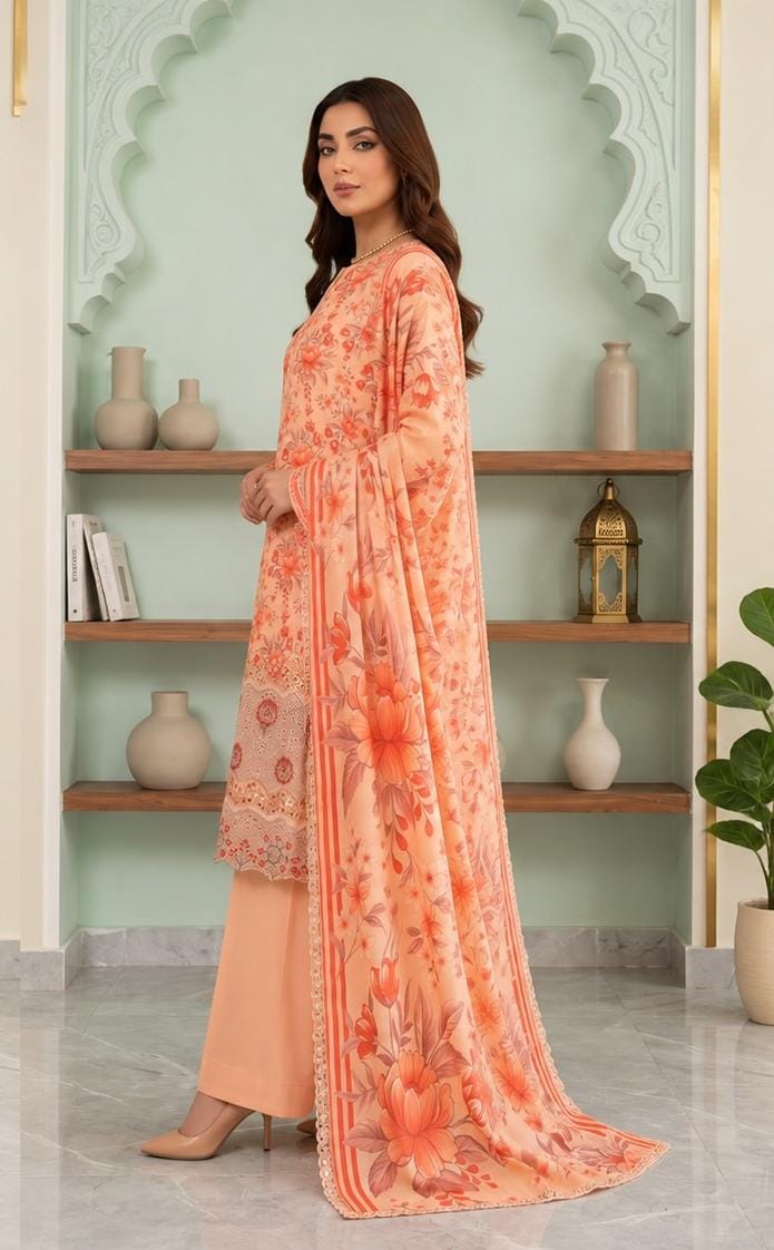 Peach Printed 3PC Dhanak Suit with Matching Dupatta (HE D#226B)