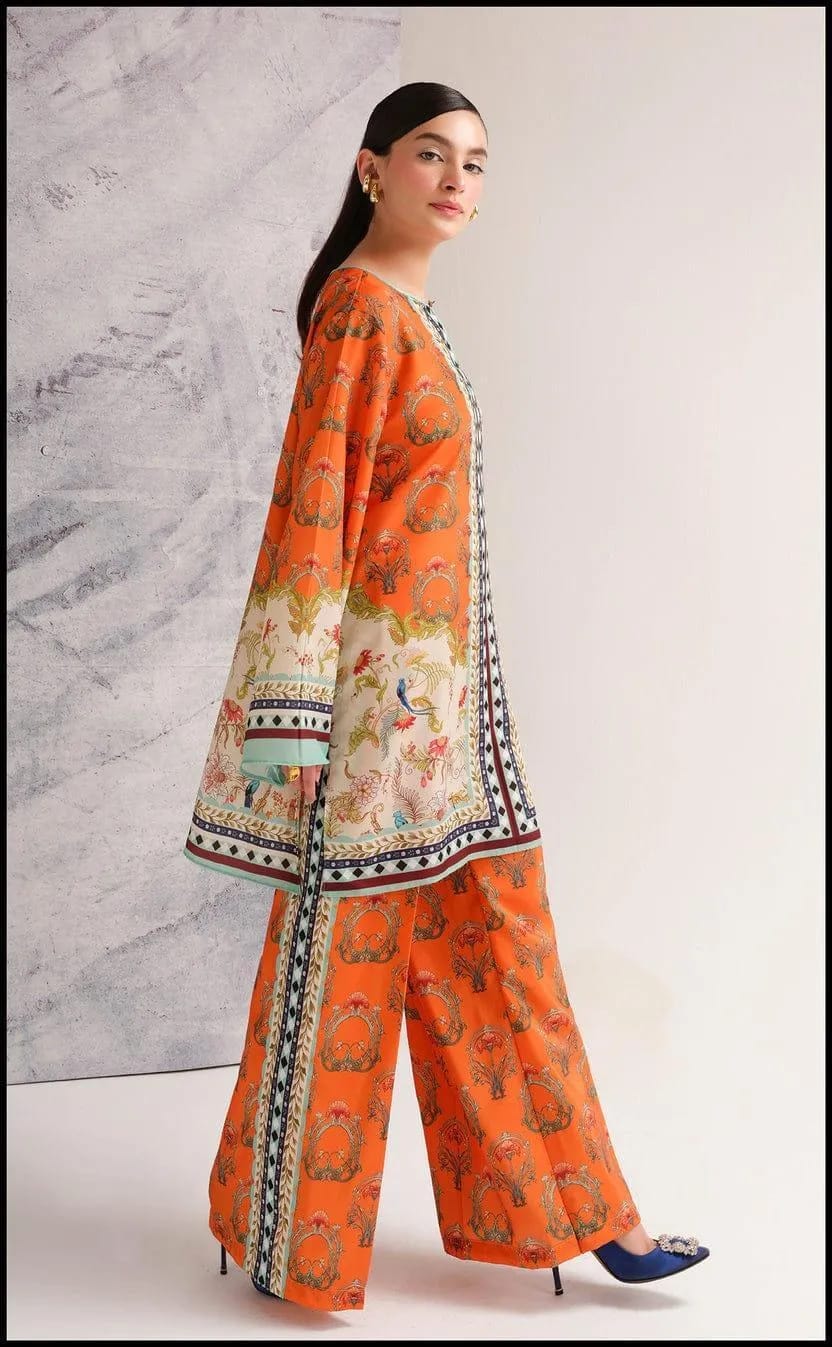 Orange Printed Unstitched 2PC Co-Ord Set (HE)