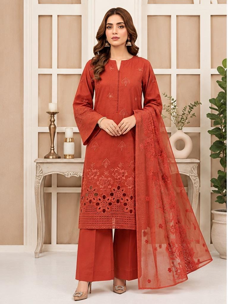Rust Orange Embroidered 3PC Viscose Suit with Bamber Chiffon Dupatta (HE D#14B)