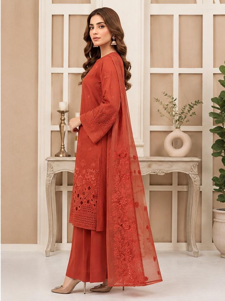 Rust Orange Embroidered 3PC Viscose Suit with Bamber Chiffon Dupatta (HE D#14B)