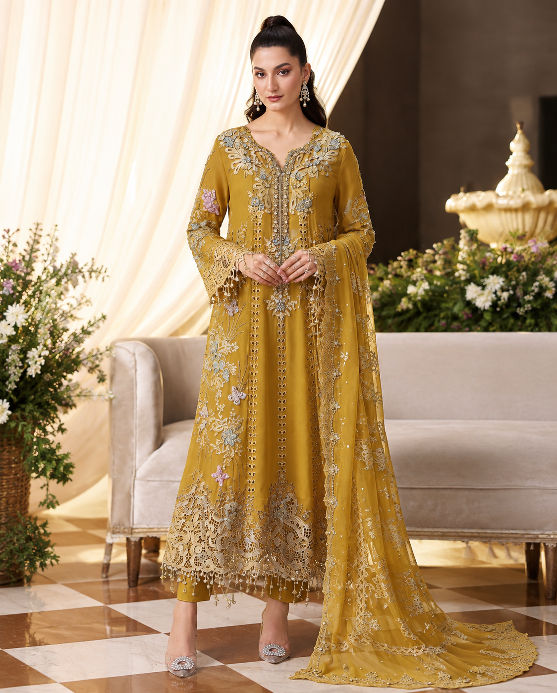 Mustard Yellow Embroidered 3PC Dhanak Suit with Printed Shawl (TFS 112)