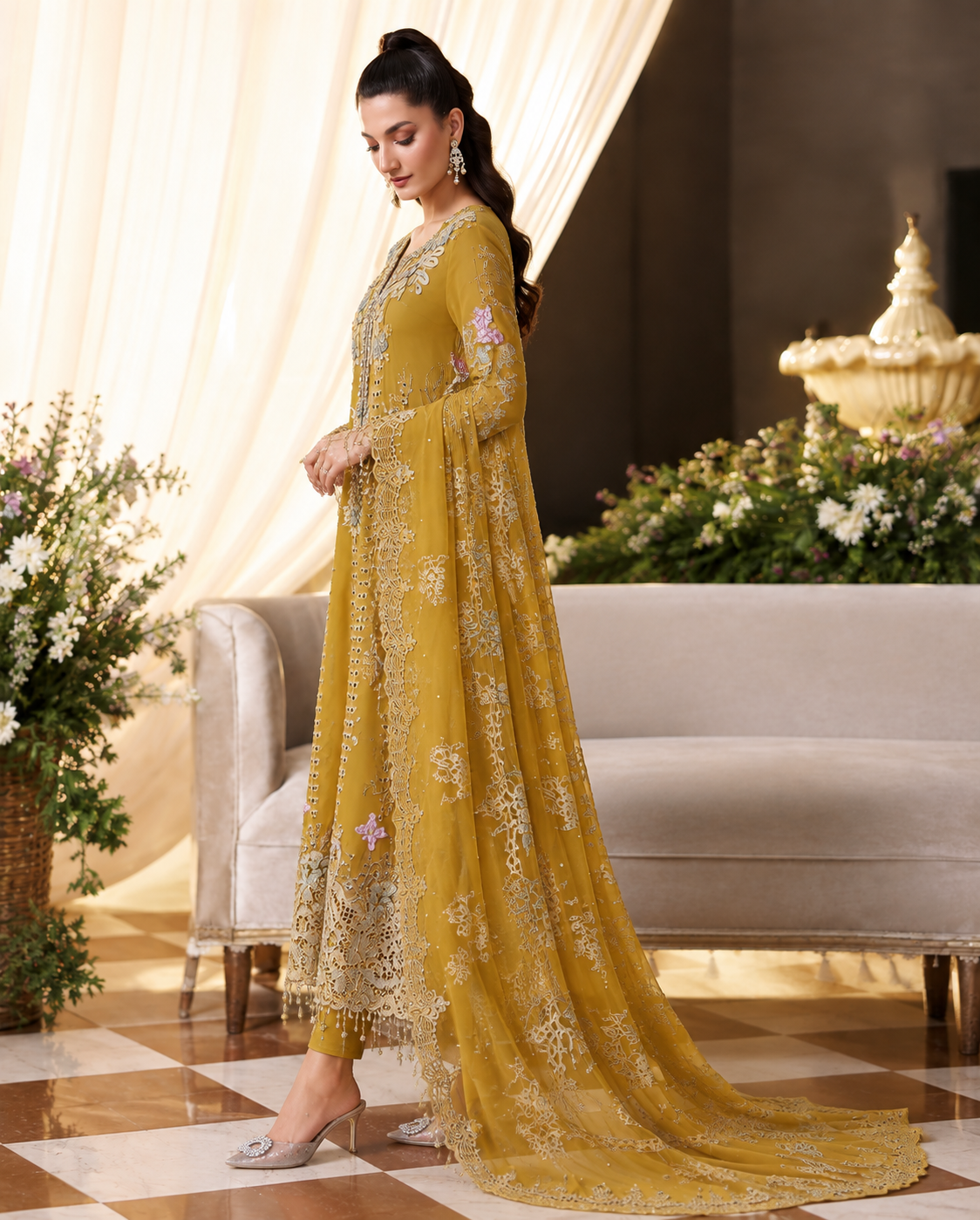 Mustard Yellow Embroidered 3PC Dhanak Suit with Printed Shawl (TFS 112)