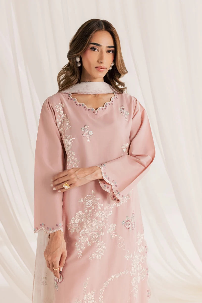 Blush Pink Embroidered Dhanak 3Pc Suit with Printed Shawl (HE D# 59)