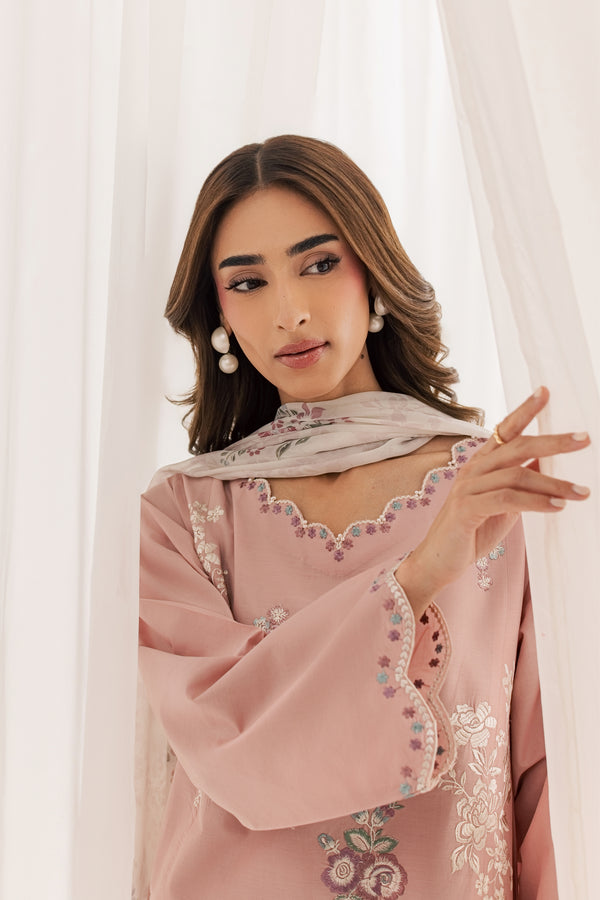 Blush Pink Embroidered Dhanak 3Pc Suit with Printed Shawl (HE D# 59)