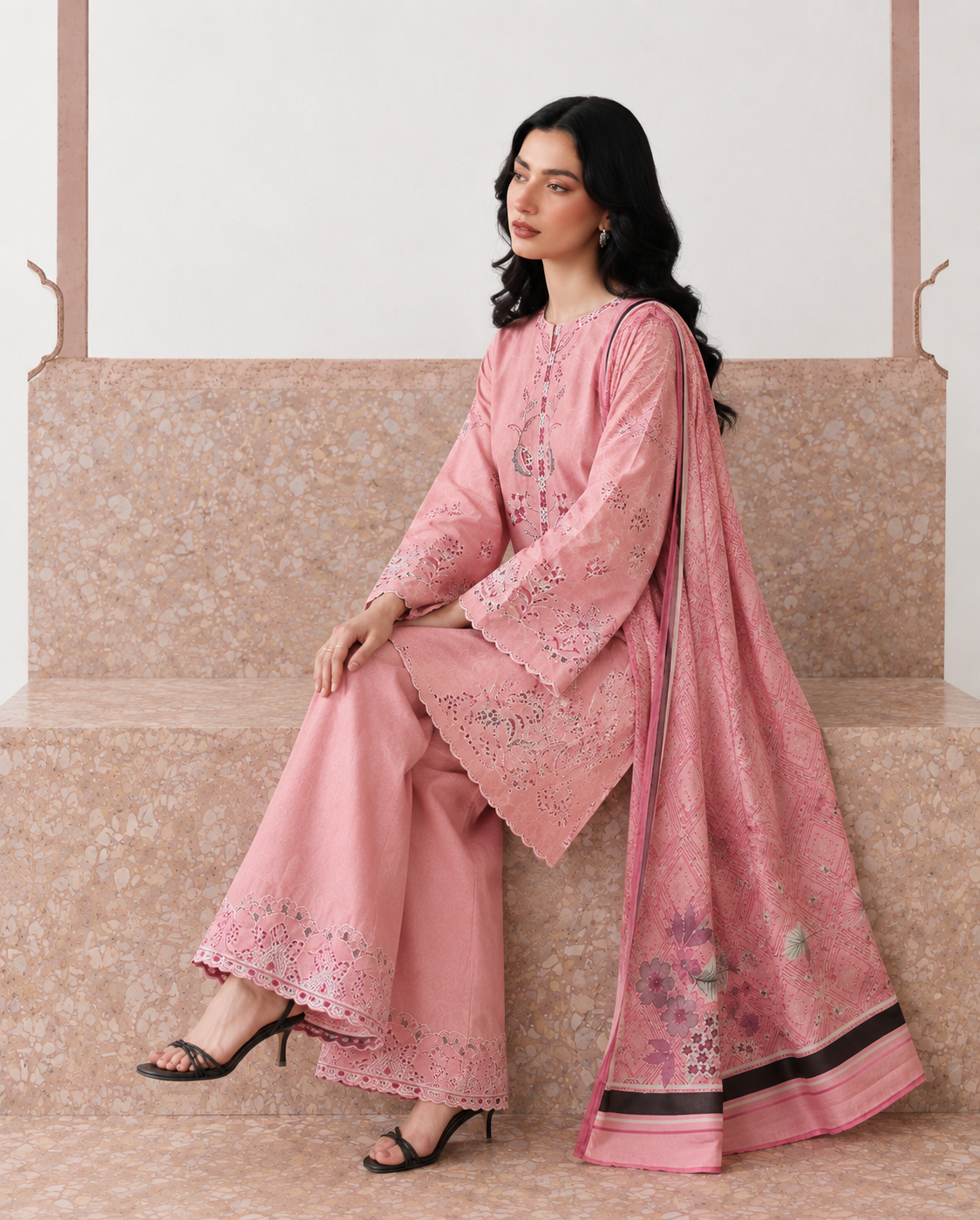 Dusty Pink Embroidered 3PC Dhanak Suit with Digital Printed Dupatta (HE D#20B)