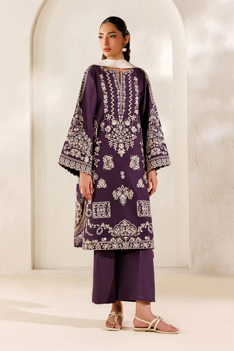 Deep Plum Embroidered 3PC Dhanak Suit with Digital Printed Shawl (HE D#262A)