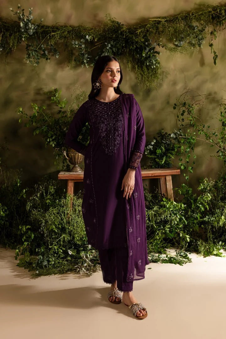 Deep Purple Embroidered 3PC Dhanak Suit with Embroidered Dhanak Shawl (TFS 128)