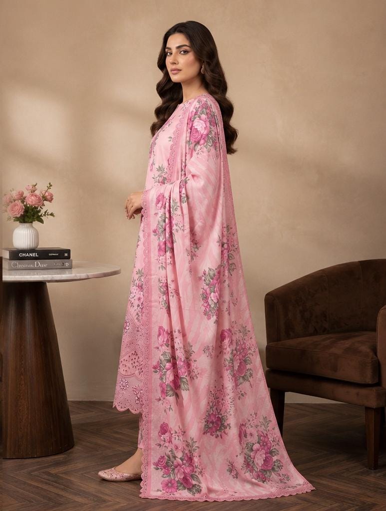 Baby Pink Printed 3PC Dhanak Suit with Matching Dupatta (HE D#186B)