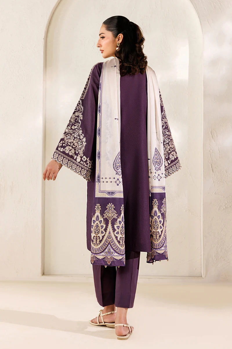 Deep Plum Embroidered 3PC Dhanak Suit with Digital Printed Shawl (HE D#262A)