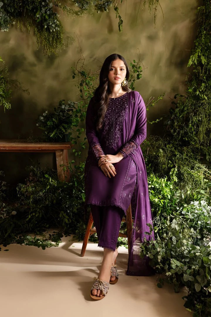 Deep Purple Embroidered 3PC Dhanak Suit with Embroidered Dhanak Shawl (TFS 128)