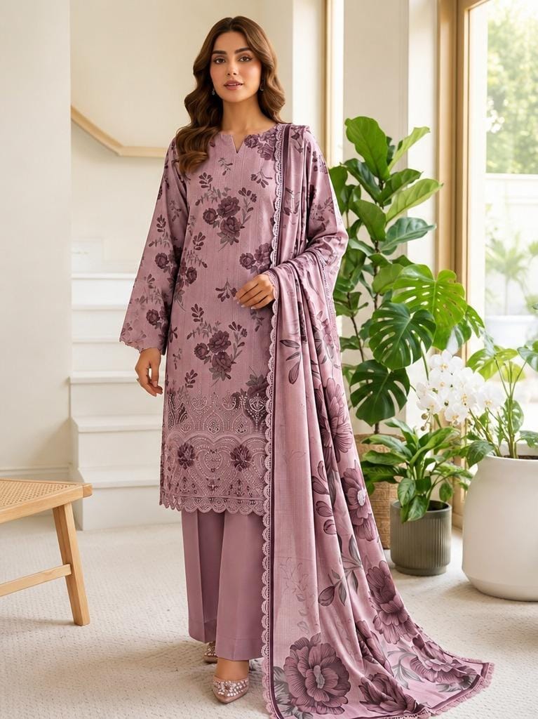 Mauve Printed 3PC Dhanak Suit with Matching Dupatta (HE D#212A)