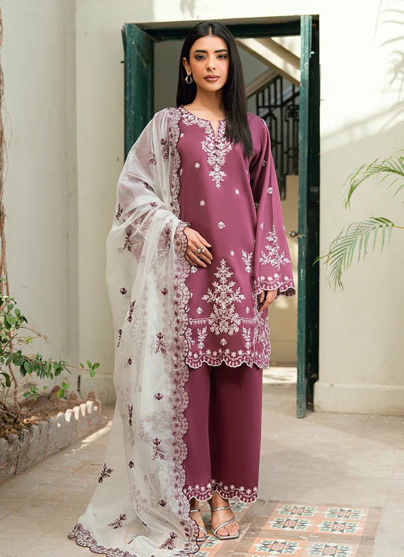 Mauve Embroidered 3-Piece Suit with Organza Dupatta (HE D#50A)