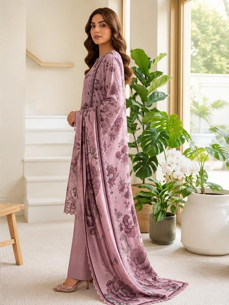 Mauve Printed 3PC Dhanak Suit with Matching Dupatta (HE D#212A)