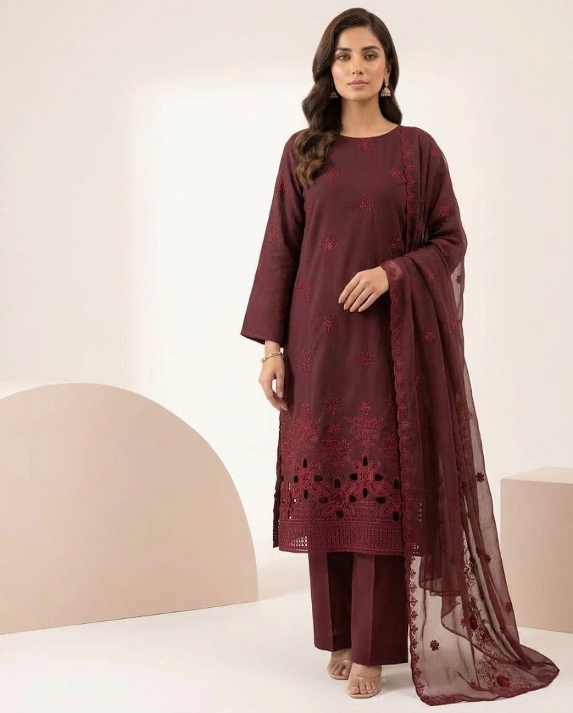 Plum Red Embroidered 3PC Viscose Suit with Bamber Chiffon Dupatta (HE D#16A)
