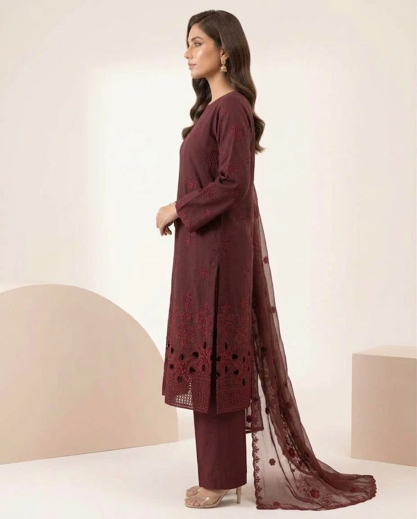 Plum Red Embroidered 3PC Viscose Suit with Bamber Chiffon Dupatta (HE D#16A)