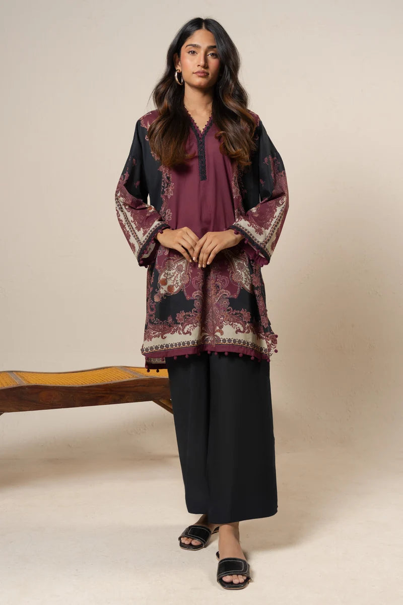 Maroon Black Paisley Print 2PC Linen Suit with Pom-Pom Trim (HE)