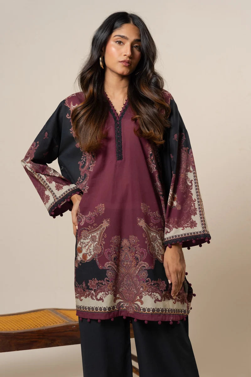 Maroon Black Paisley Print 2PC Linen Suit with Pom-Pom Trim (HE)