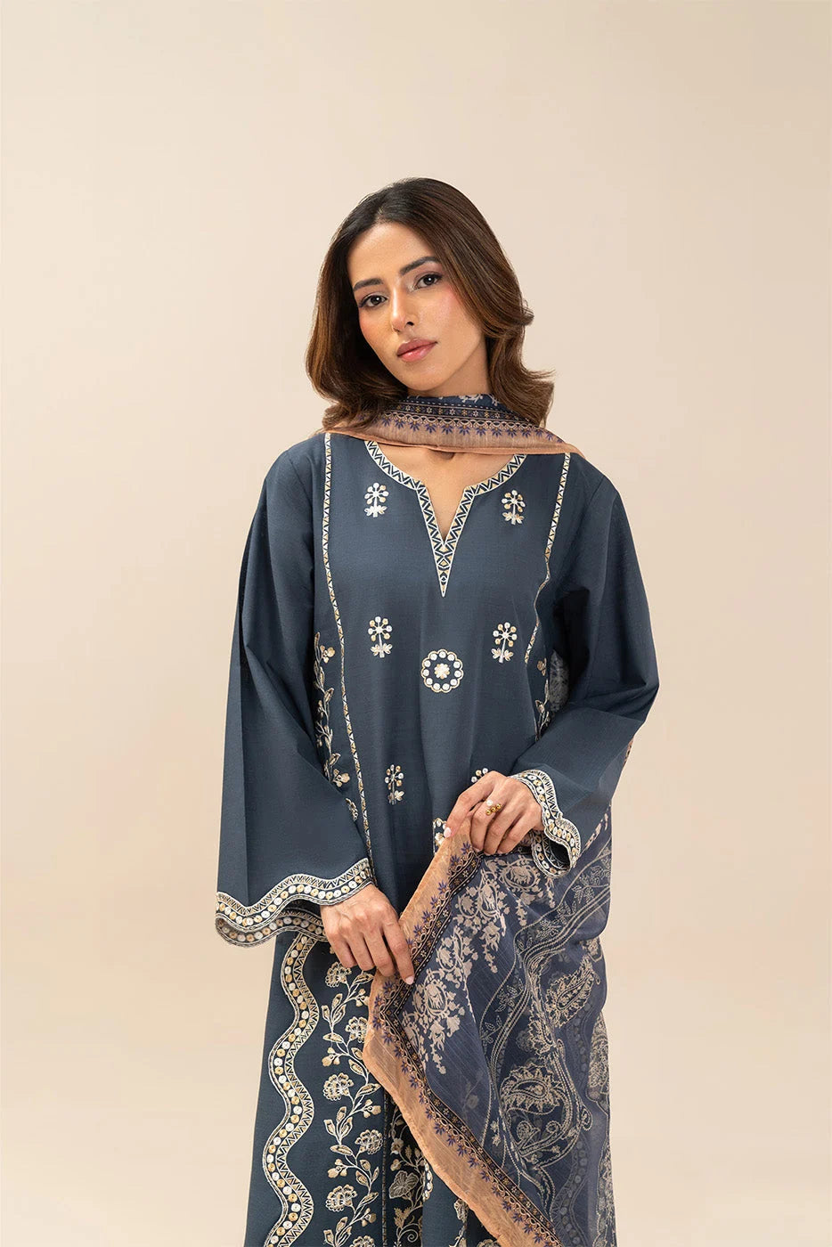 Teal Blue Embroidered Dhanak 3Pc Suit with Printed Dupatta (HE D# 04)