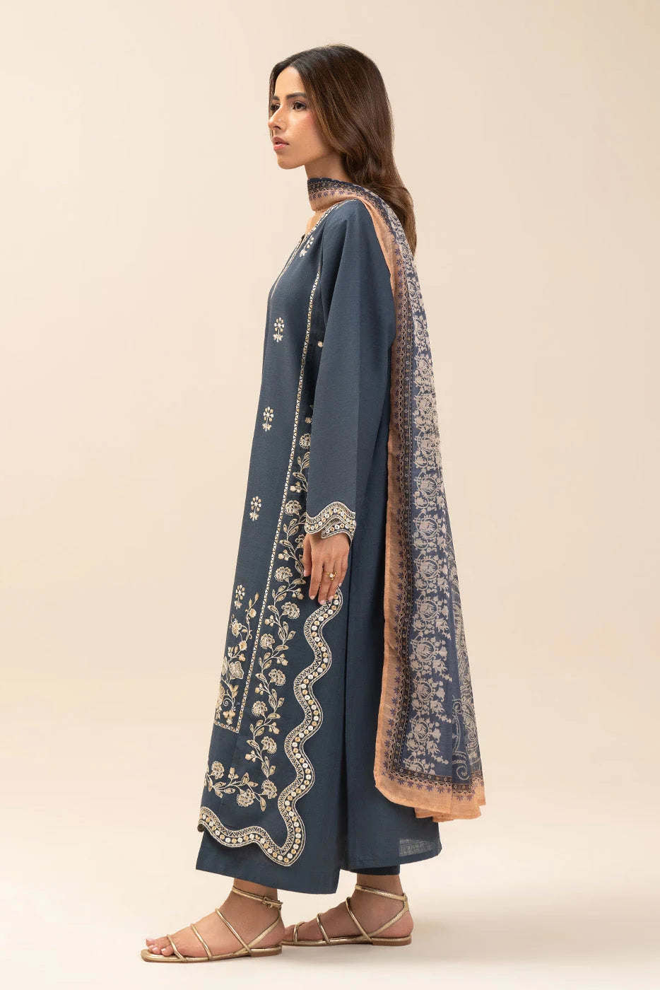 Teal Blue Embroidered Dhanak 3Pc Suit with Printed Dupatta (HE D# 04)