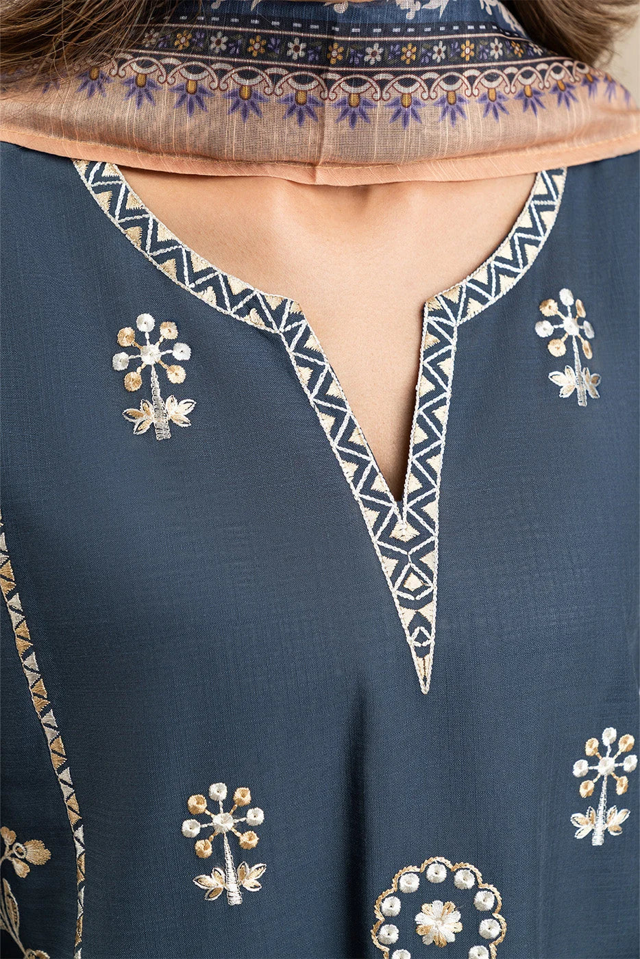 Teal Blue Embroidered Dhanak 3Pc Suit with Printed Dupatta (HE D# 04)