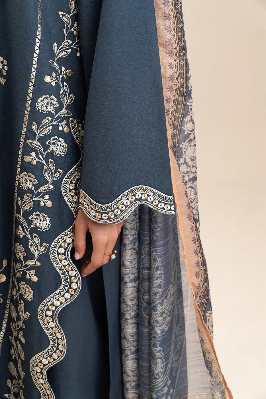 Teal Blue Embroidered Dhanak 3Pc Suit with Printed Dupatta (HE D# 04)